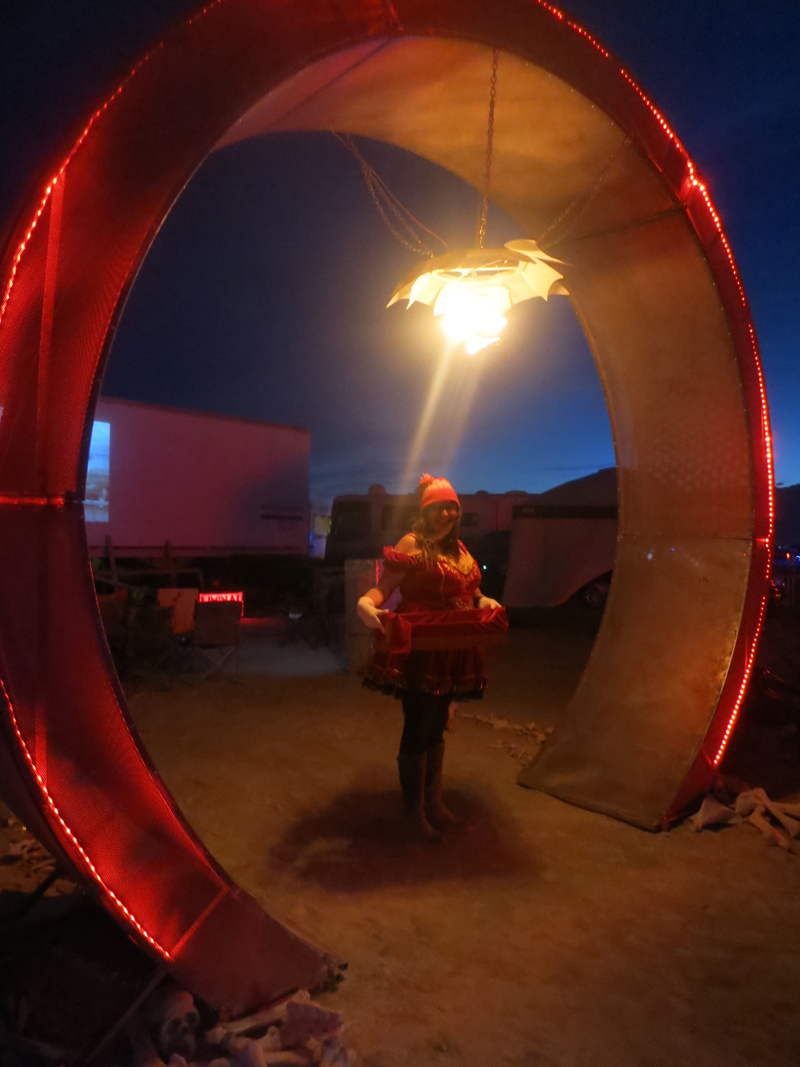 Smiling red cigarette girl under the Moon Gate